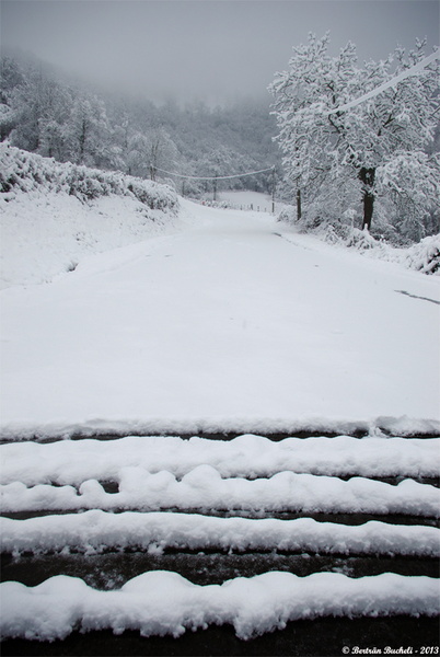 Pour accéder au col de Gamia, la route depuis Gamarthe devient rapidement enneigée avec sur cette photo 5 cm de neige sur le bitume dès 300 m.